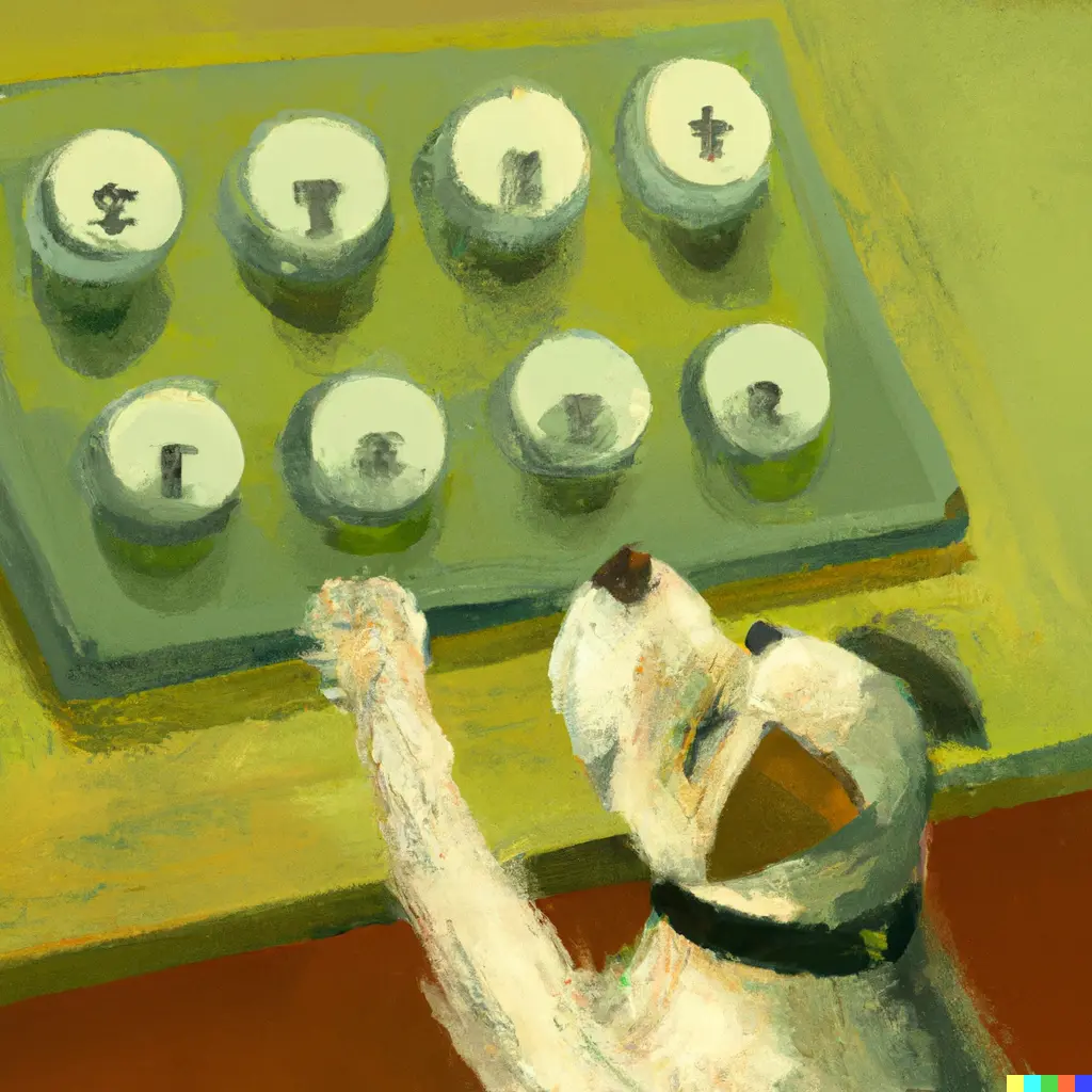 painting of a dog trying to decide which button to push