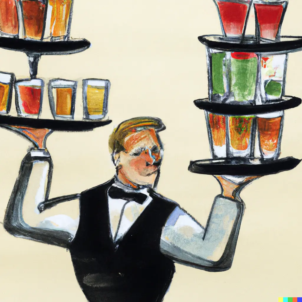 painting of a waiter balancing two trays of many drinks